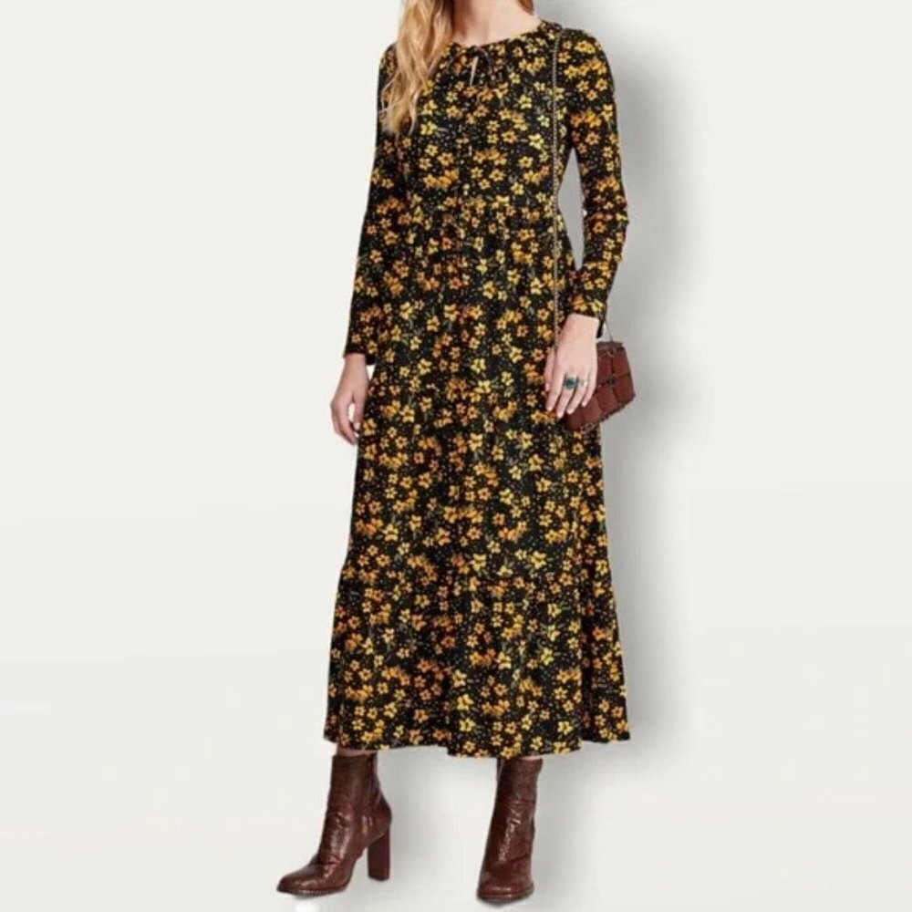 Free People Tiers Of Joy Floral Black and Yellow Dress Size L